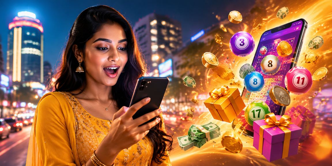 Bengaluru cityscape with lottery ticket and mobile phone